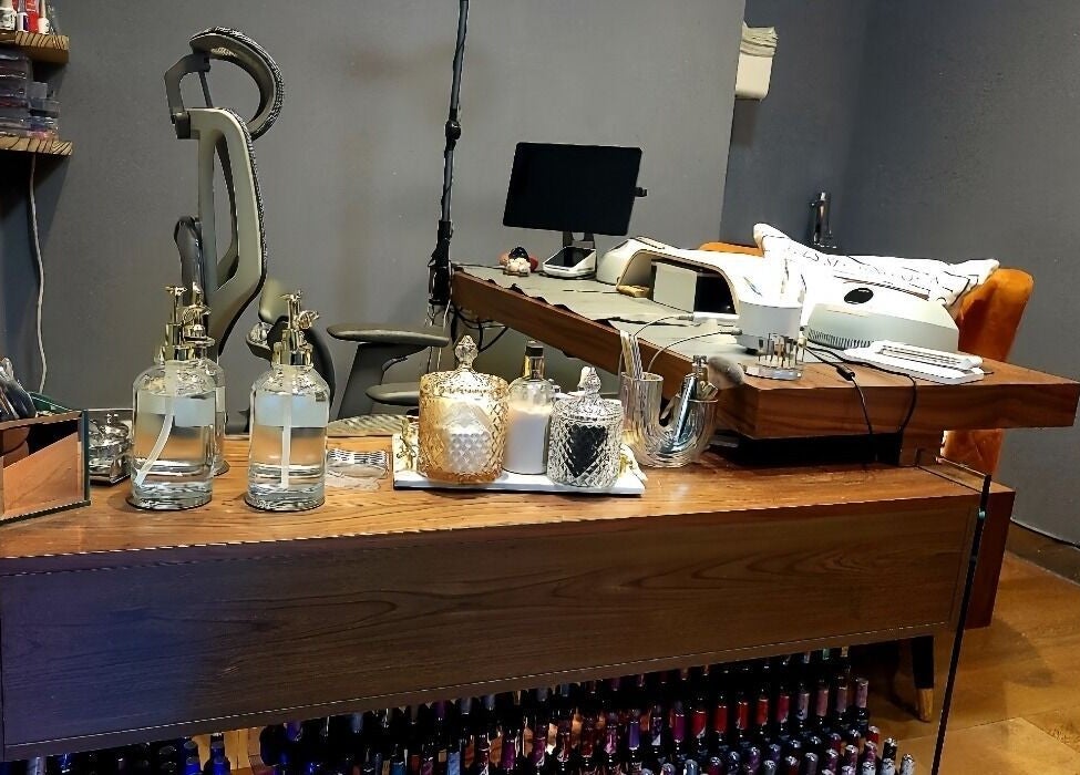 Elegant nail workstation at Crazylong Nail Studio, London, England, GB, featuring stylish decor and equipment.
