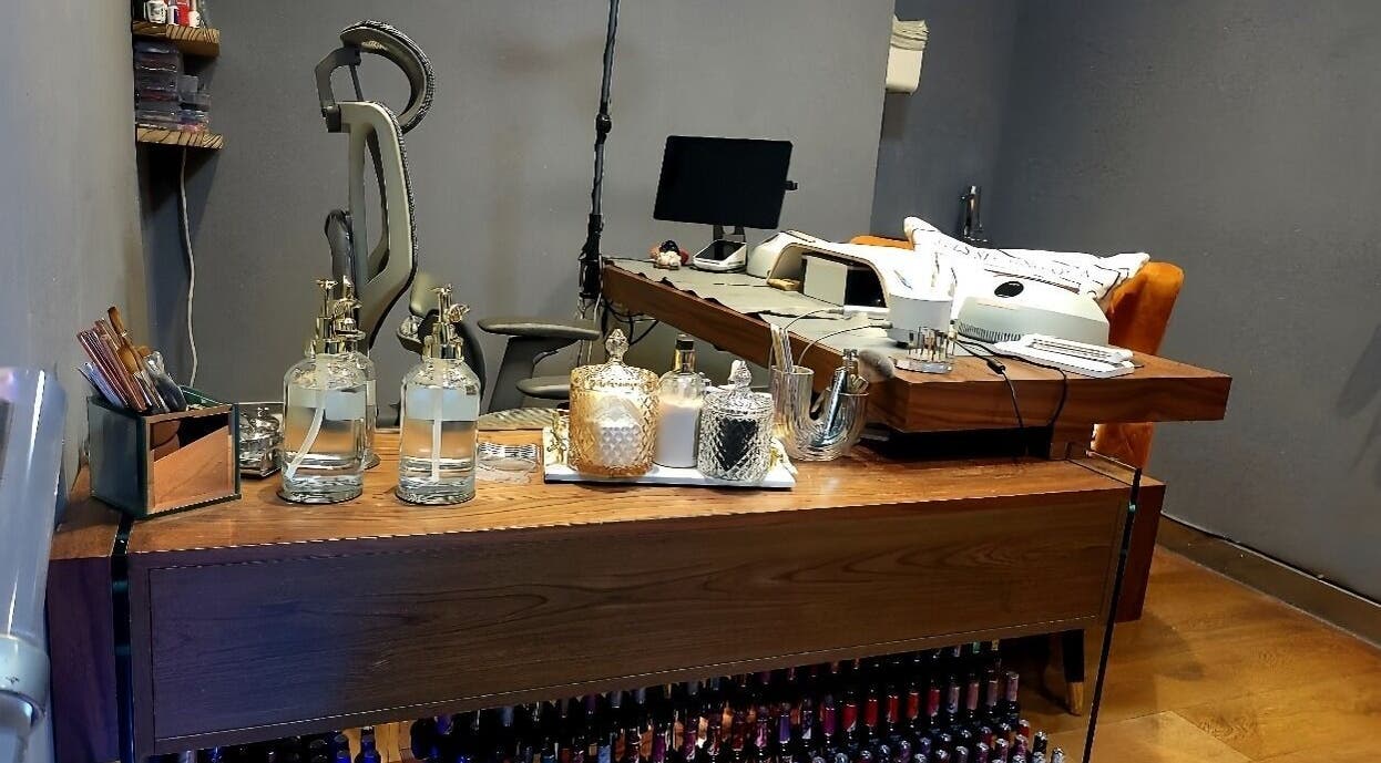 Elegant nail workstation at Crazylong Nail Studio, London, England, GB, featuring stylish decor and equipment.