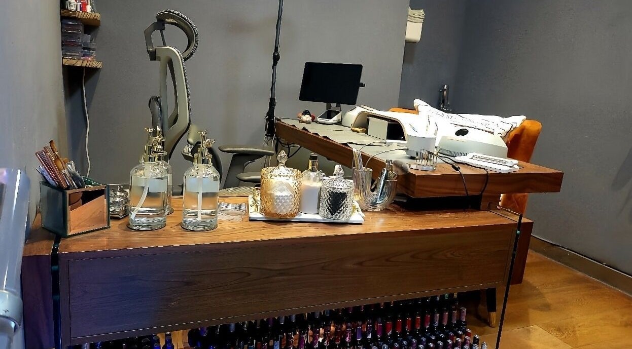 Elegant nail workstation at Crazylong Nail Studio, London, England, GB, featuring stylish decor and equipment.