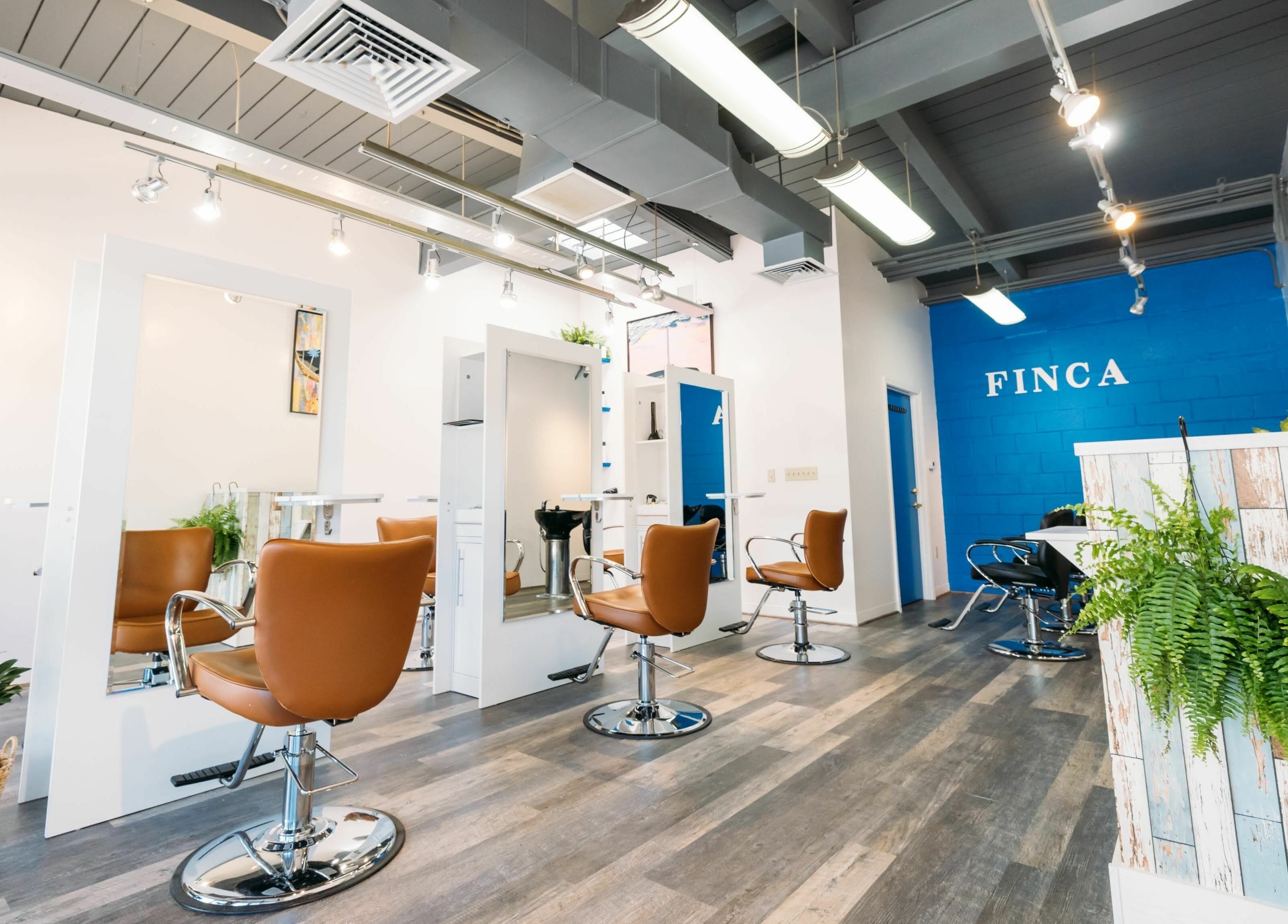 Modern interior of Finca Beauty Salon - Aina Haina in Honolulu, Hawaii, US with stylish chairs and plants.