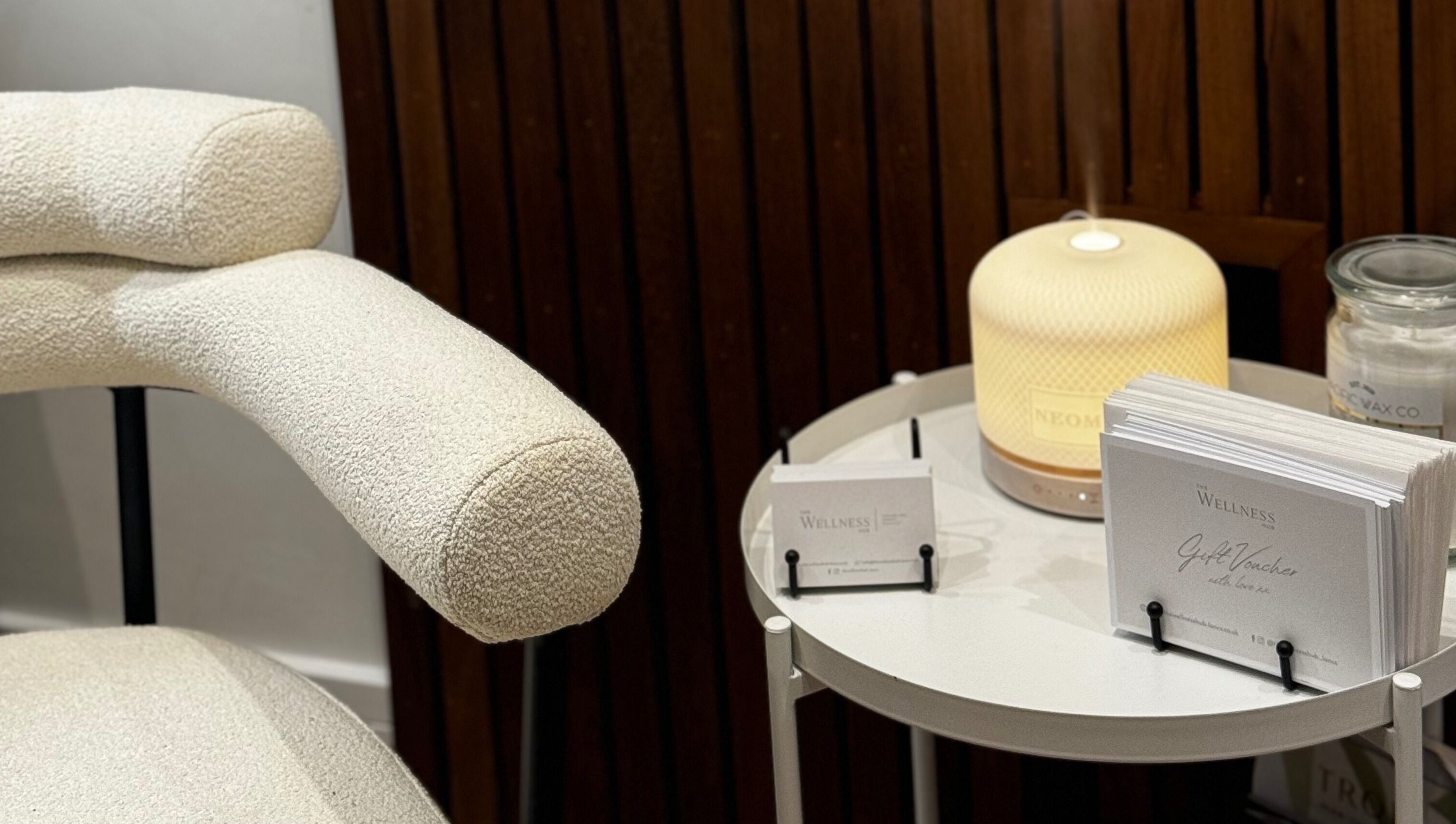 Relaxing chair and diffuser setup at The Wellness Hub, Blackburn, England, GB for a soothing ambiance.