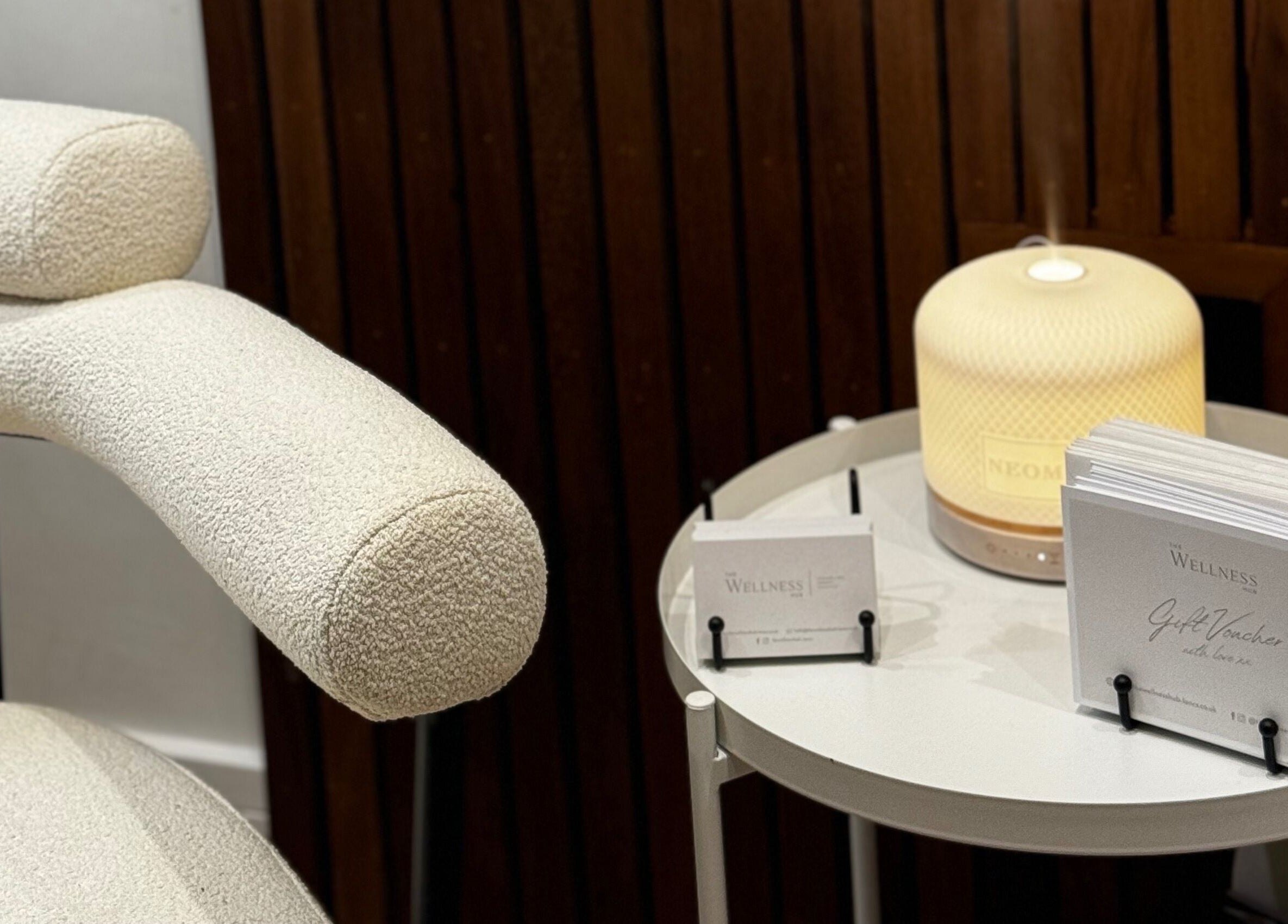 Relaxing chair and diffuser setup at The Wellness Hub, Blackburn, England, GB for a soothing ambiance.
