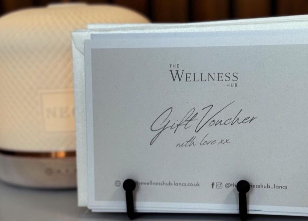 Gift vouchers at The Wellness Hub, Blackburn, England, GB, beautifully displayed for perfect gifting.