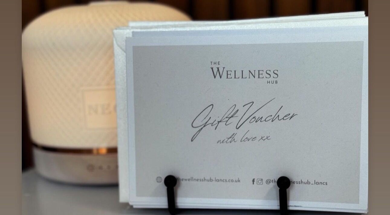 Gift vouchers at The Wellness Hub, Blackburn, England, GB, beautifully displayed for perfect gifting.