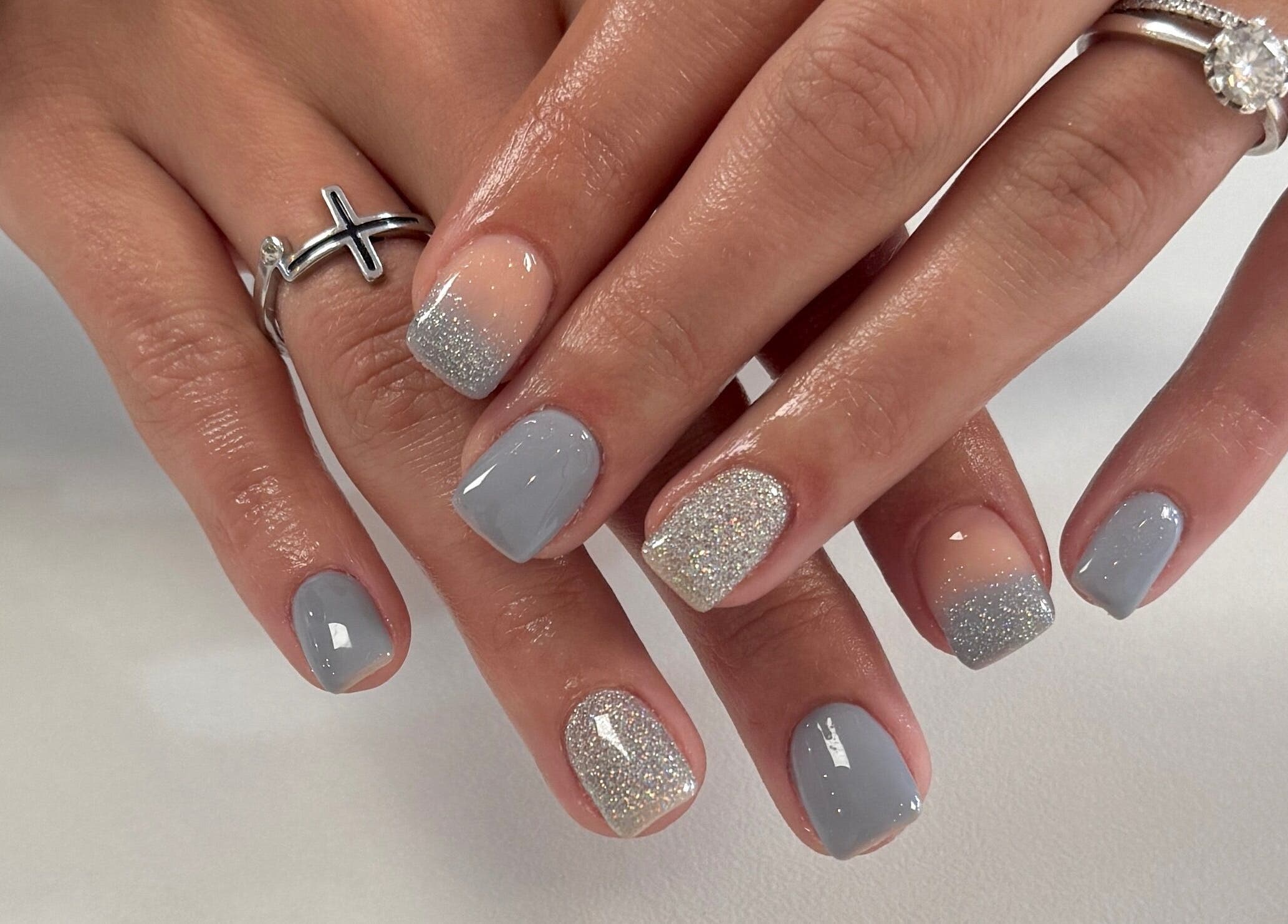 Elegant gray and glitter manicure at Elle Nail Couture, Boksburg, Gauteng, ZA.
