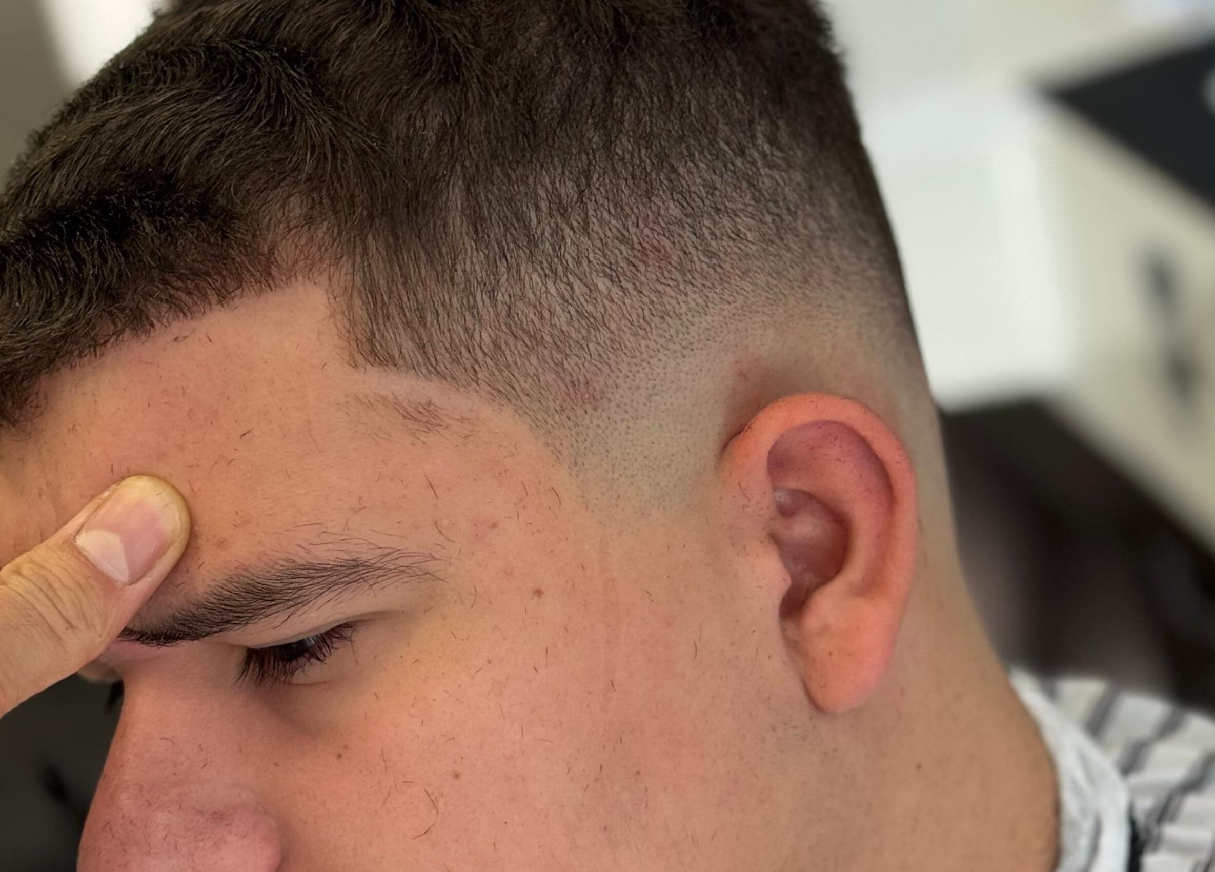 Close-up of a precision fade haircut at Sam’s Barbers London, located in London, England, GB.