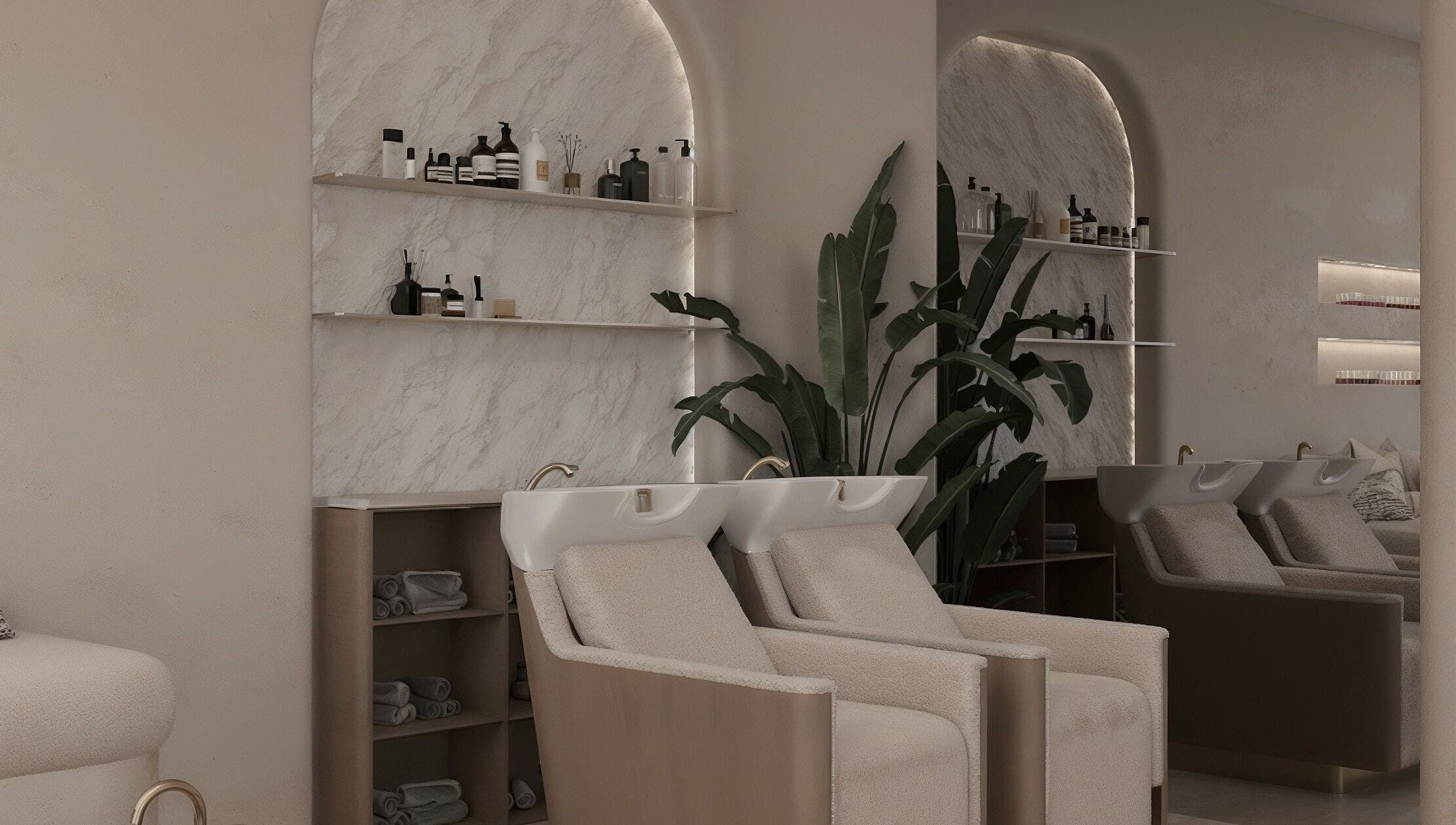 Chic salon interior at Luci Luna, Dubai, Dubai, AE featuring stylish wash stations and modern decor.