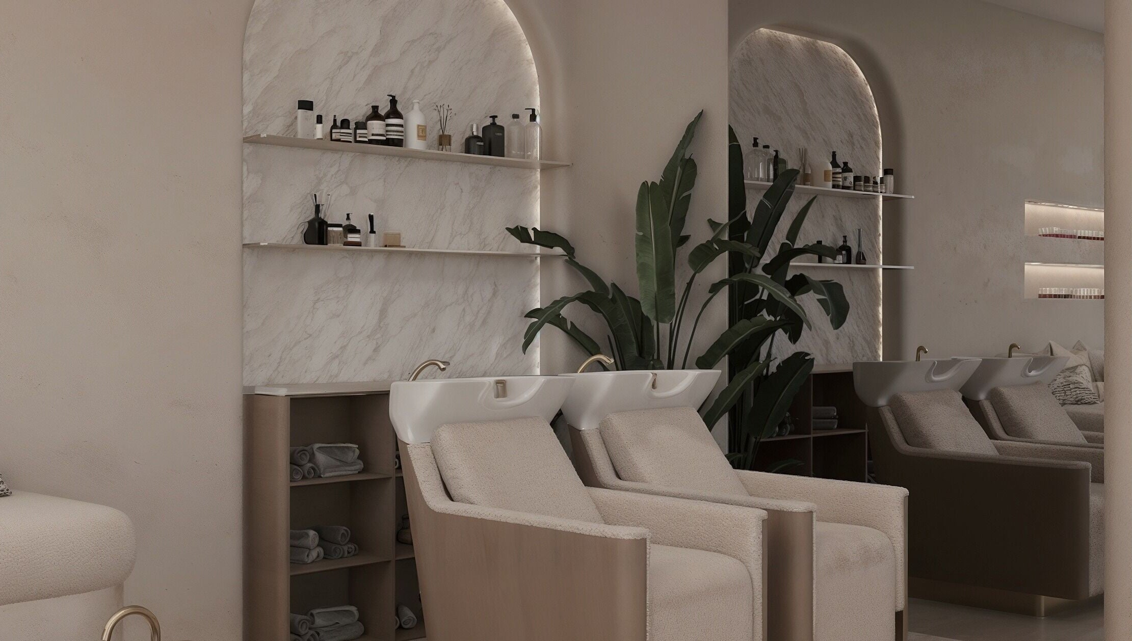 Chic salon interior at Luci Luna, Dubai, Dubai, AE featuring stylish wash stations and modern decor.
