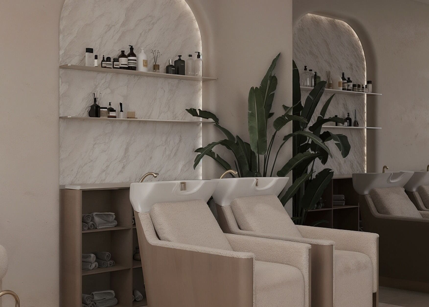 Chic salon interior at Luci Luna, Dubai, Dubai, AE featuring stylish wash stations and modern decor.