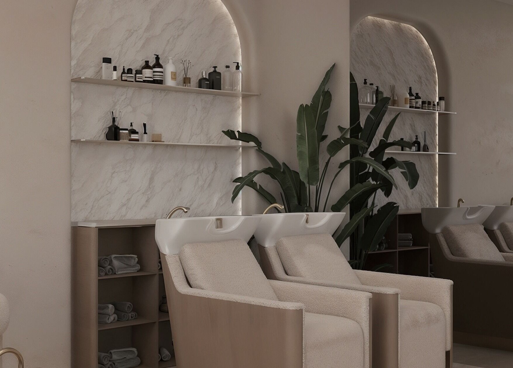 Chic salon interior at Luci Luna, Dubai, Dubai, AE featuring stylish wash stations and modern decor.