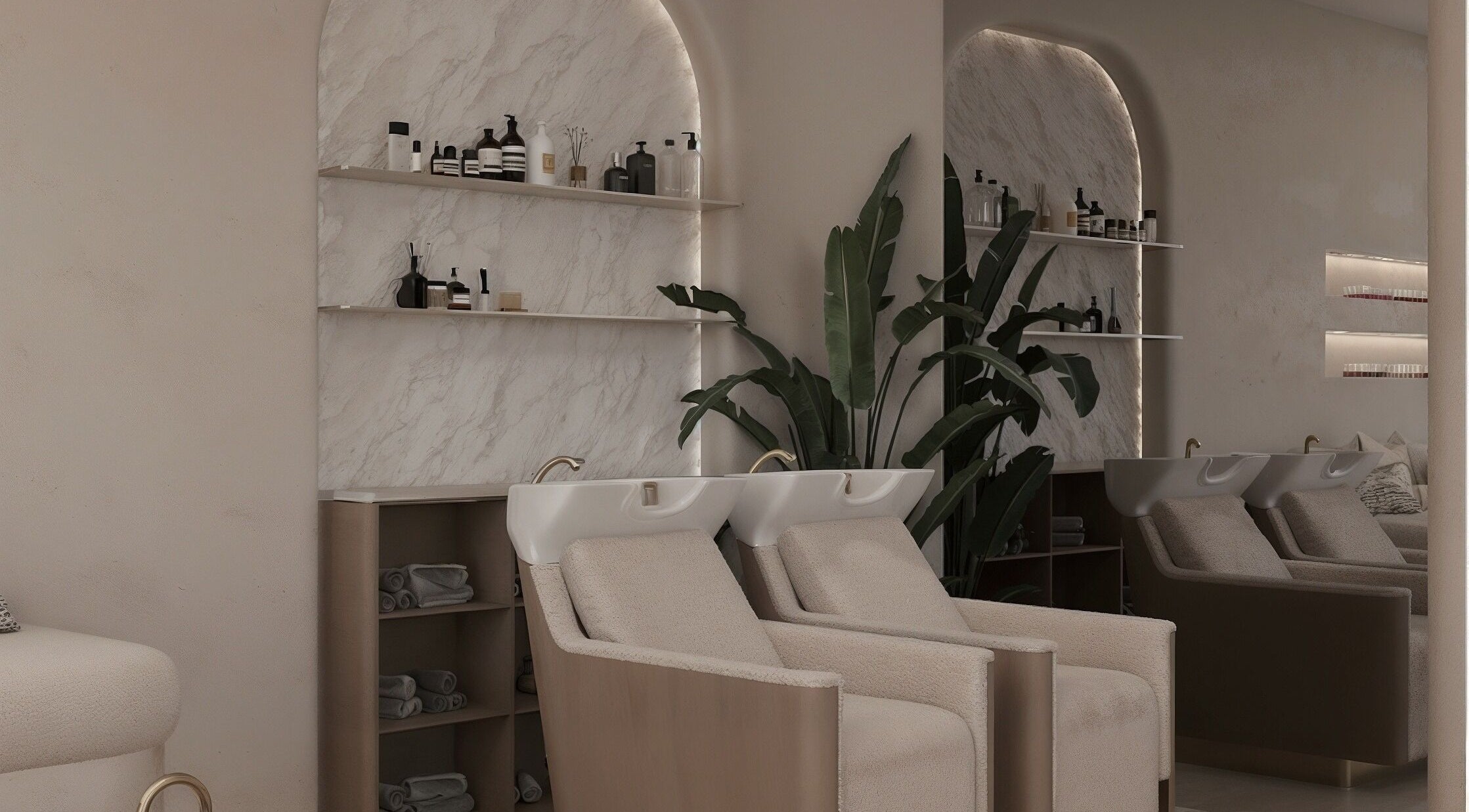 Chic salon interior at Luci Luna, Dubai, Dubai, AE featuring stylish wash stations and modern decor.