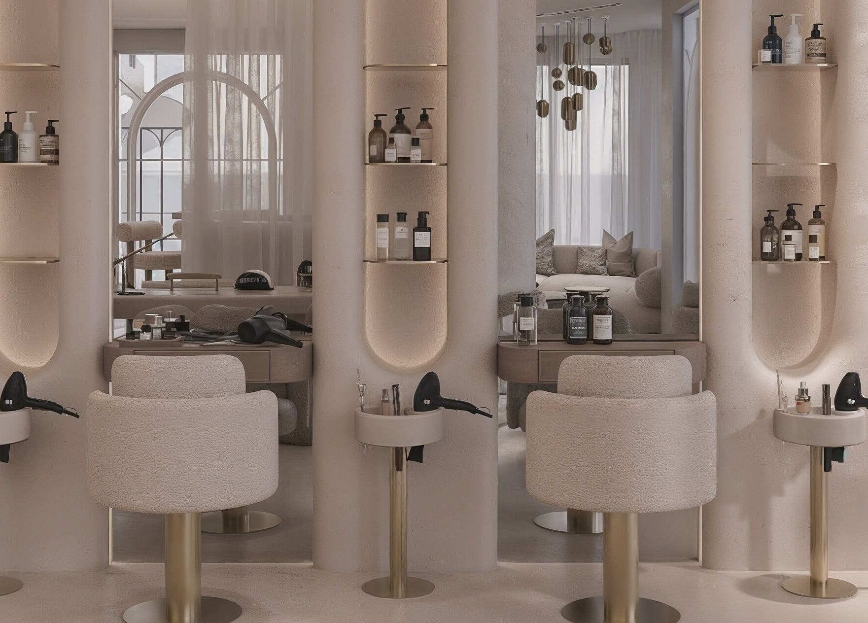 Elegant beauty salon at Luci Luna, Dubai, Dubai, AE featuring plush chairs and premium products.