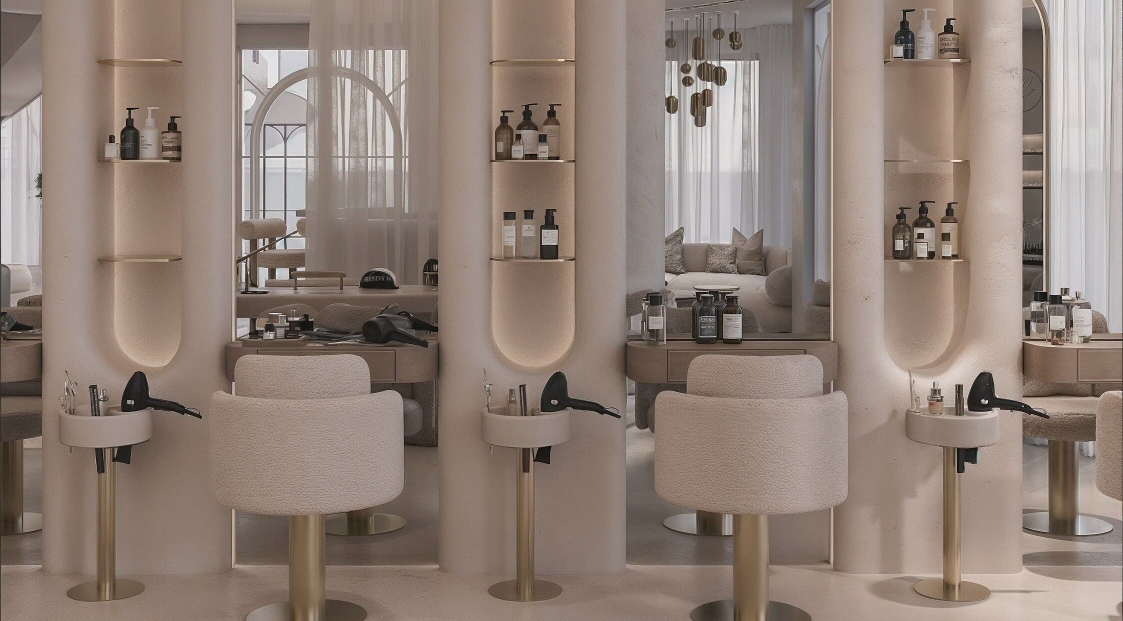 Elegant beauty salon at Luci Luna, Dubai, Dubai, AE featuring plush chairs and premium products.