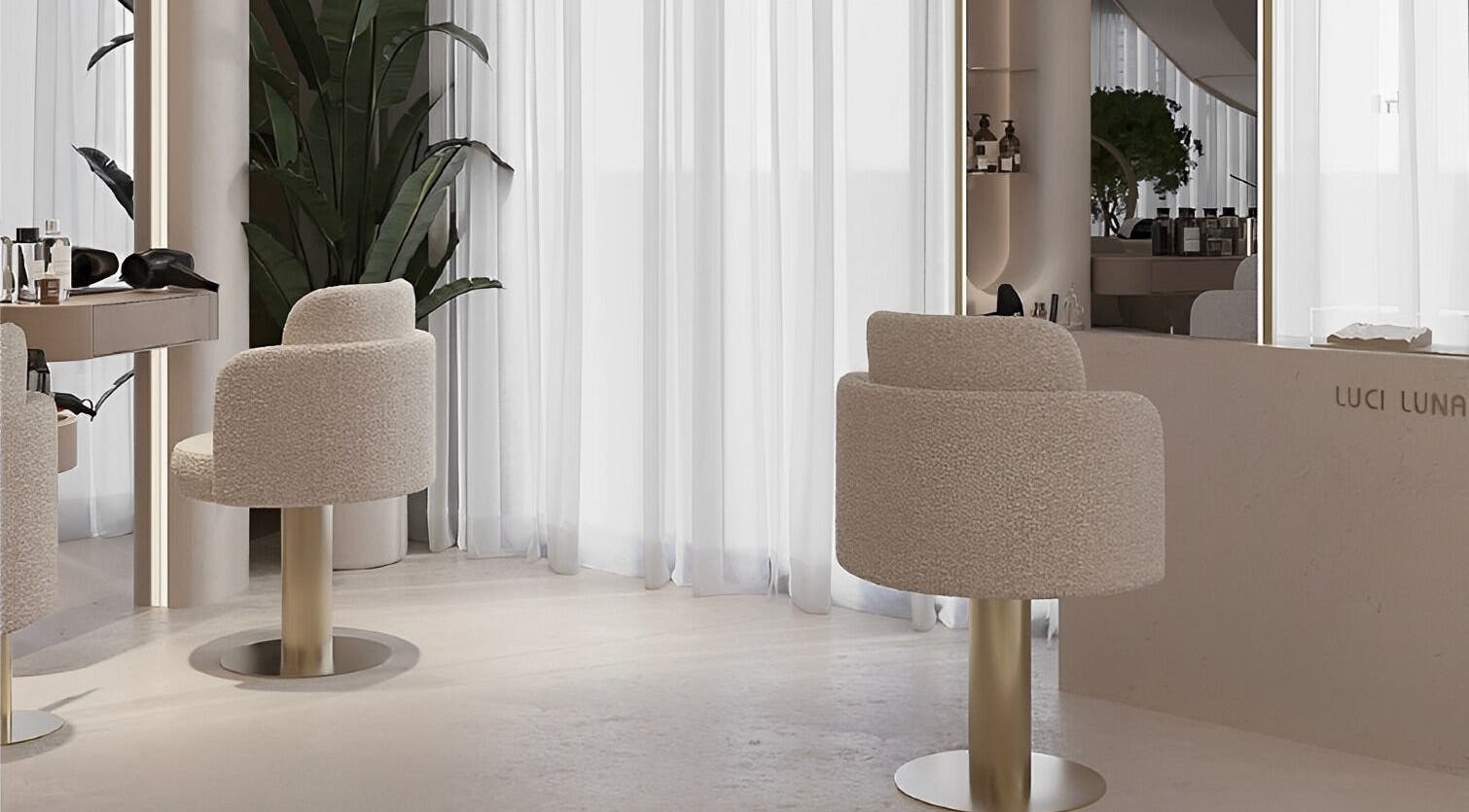 Elegant salon interior at Luci Luna, Dubai, Dubai, AE, featuring modern chairs and minimalist design.