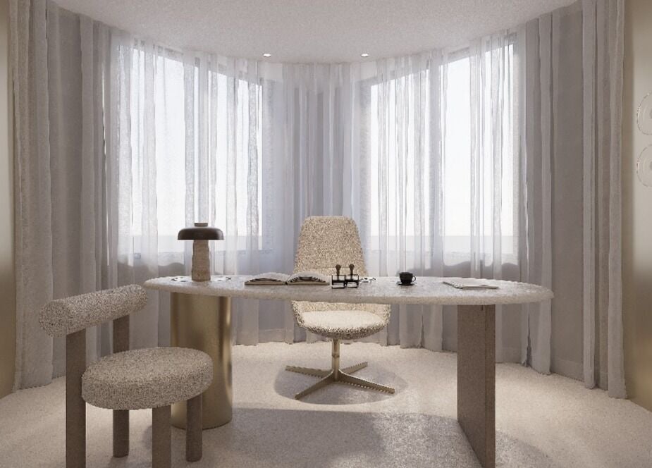 Elegant office space at Luci Luna, Dubai, Dubai, AE with plush chairs and gentle lighting.