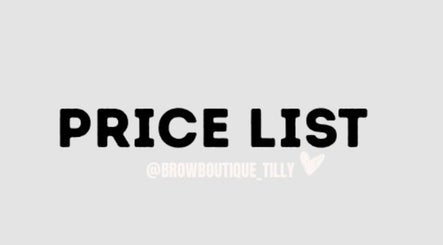 Browboutique Tilly price list in elegant font, Warminster, England, GB.