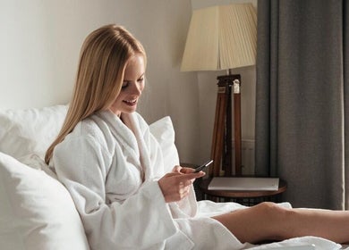 Guest enjoying a cozy robe at Get Me Pampered (Llandudno) in Llandudno, GB.