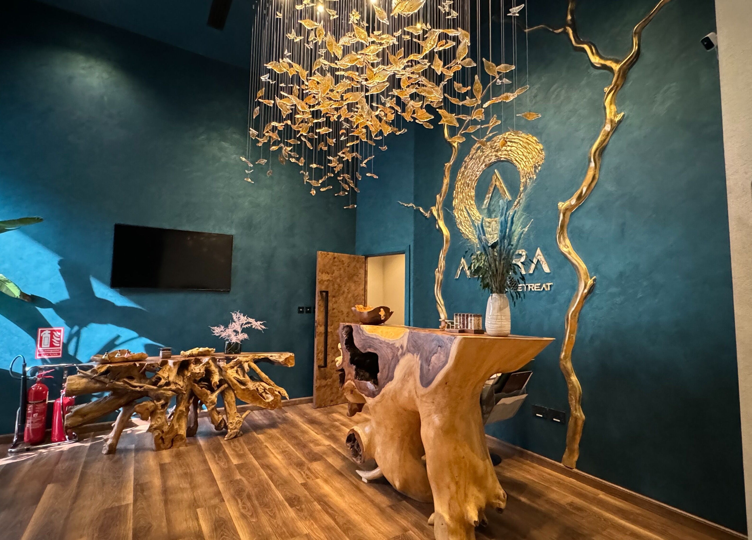 Luxurious reception at Adara Spa Retreat, Ladies Spa in Dubai, Dubai, AE with artistic decor and elegant lighting.
