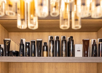 Premium hair products on display at George Vallossian, London, England, GB salon.