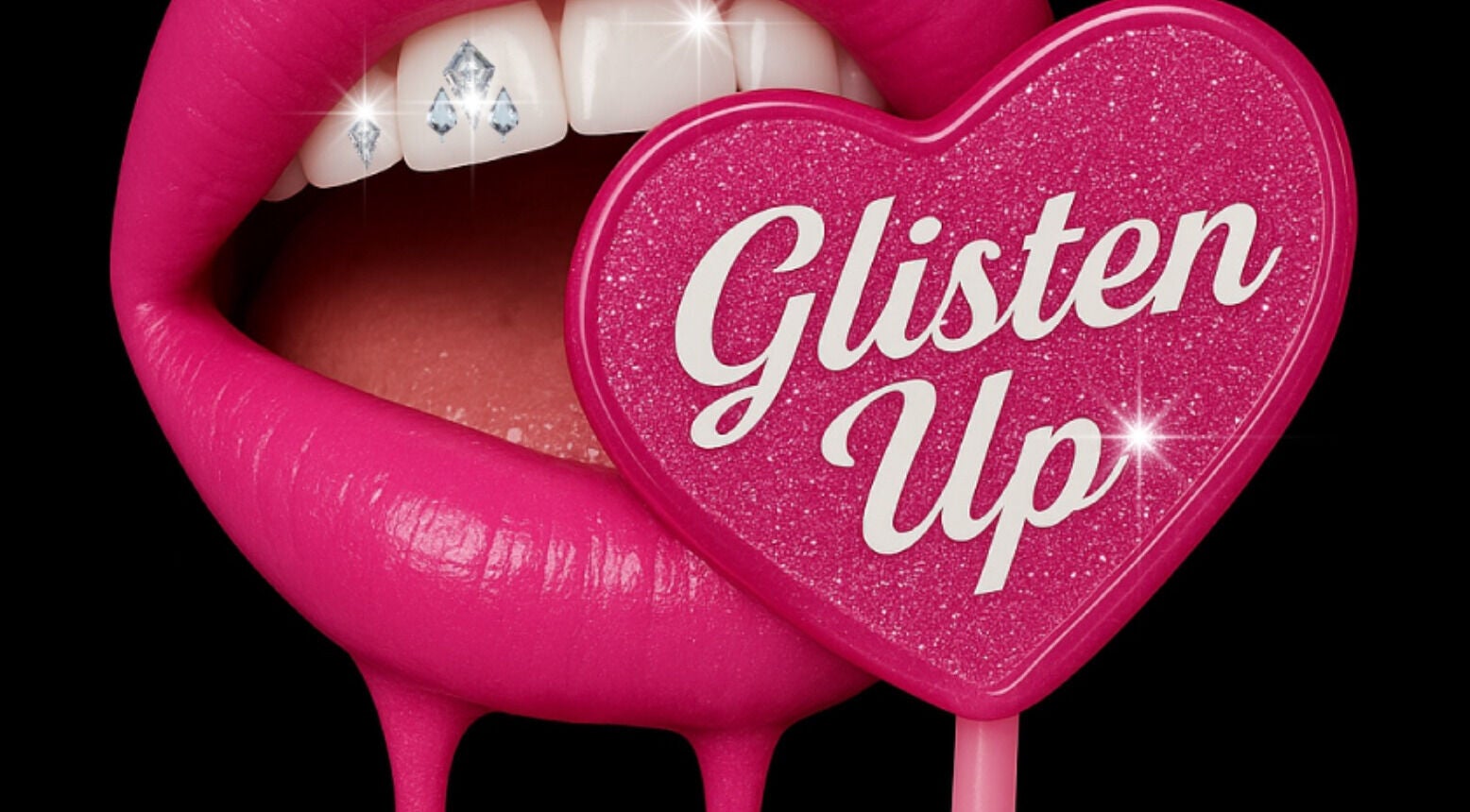 Bright pink lips with a sparkling heart saying 'Glisten Up' at Canning Vale, Western Australia, AU.