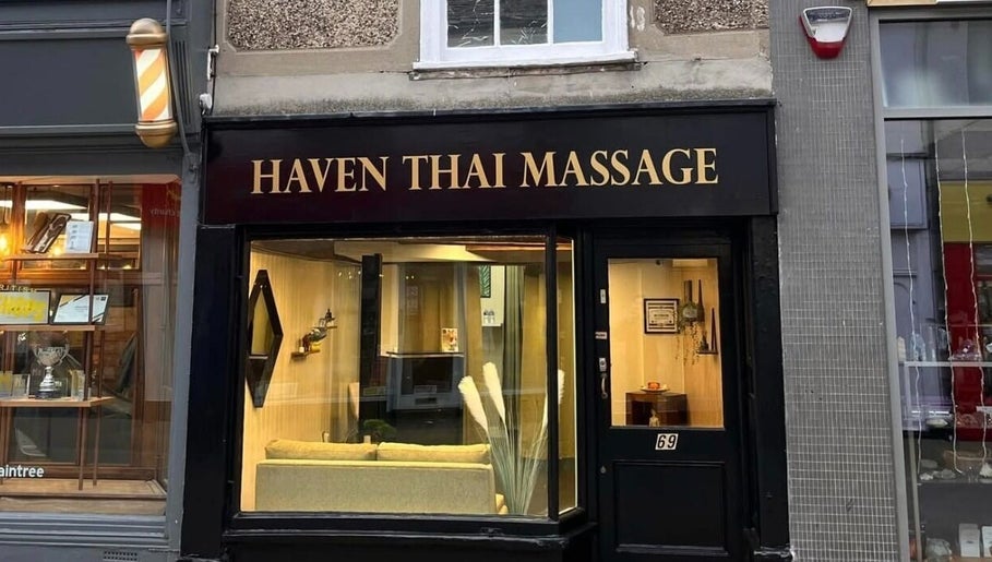 Exterior of Haven Thai Massage in Braintree, England, GB showcasing inviting entrance and elegant storefront.