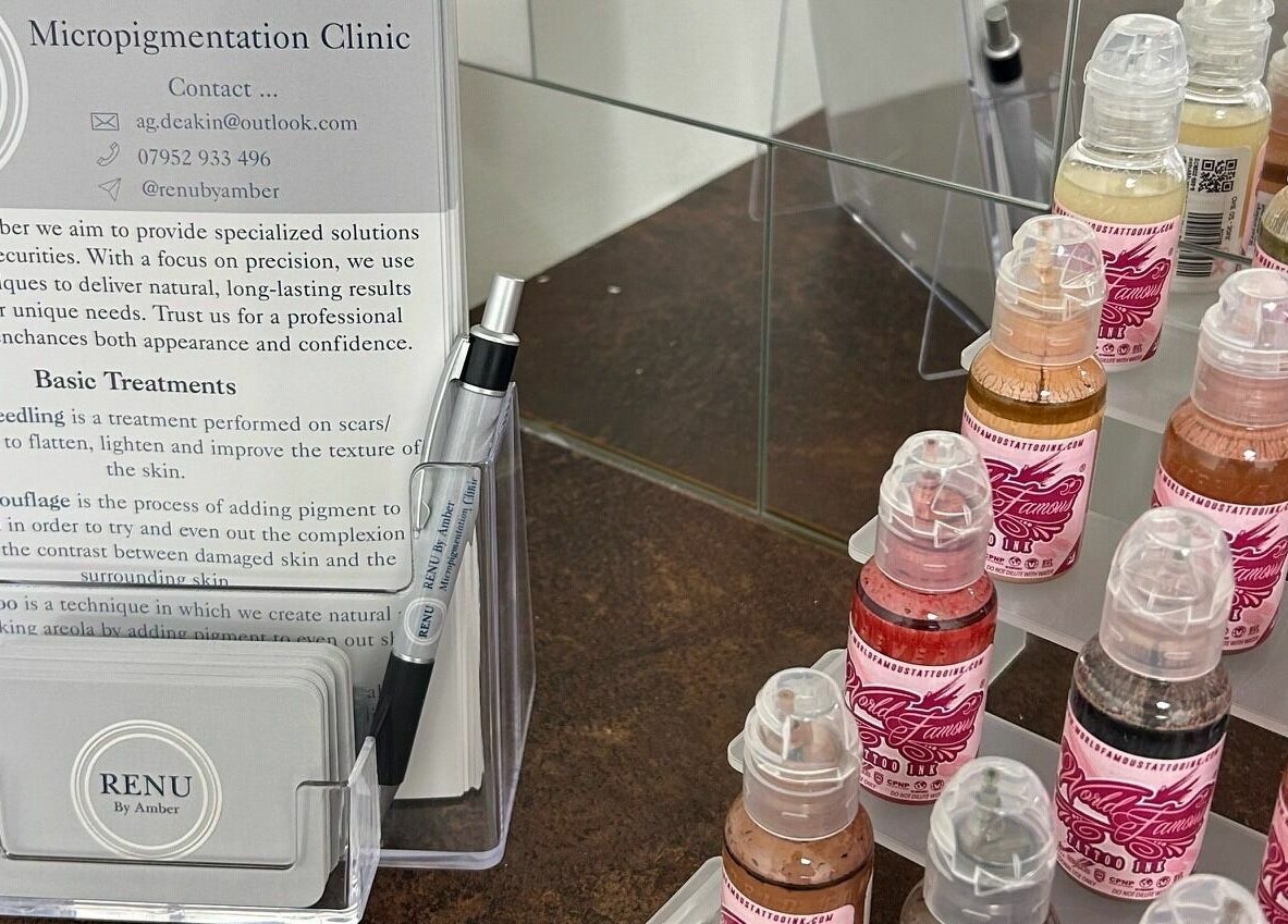 Pigment bottles and clinic brochure at RENU By Amber, Bamber Bridge, England, GB health and beauty venue.