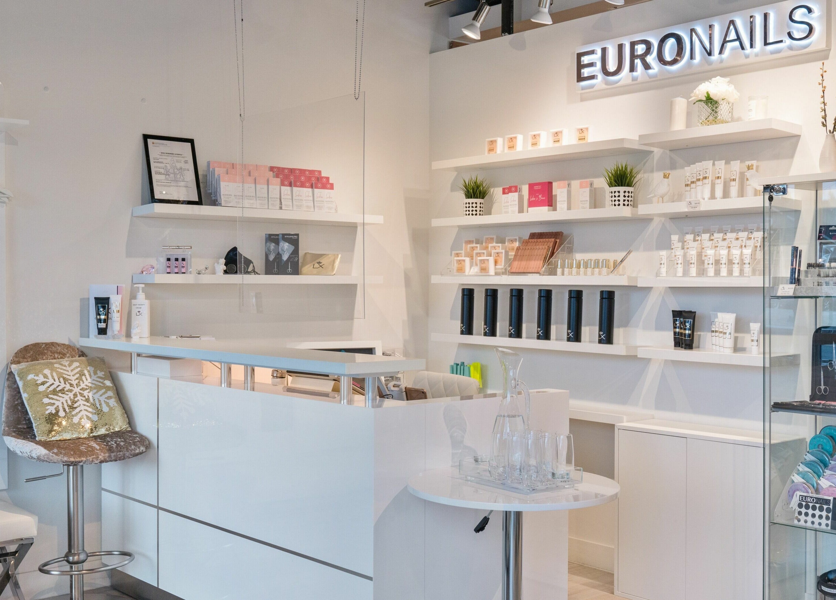 Modern interior of Euronails | New Westminster, showcasing beauty products in New Westminster, British Columbia, CA.