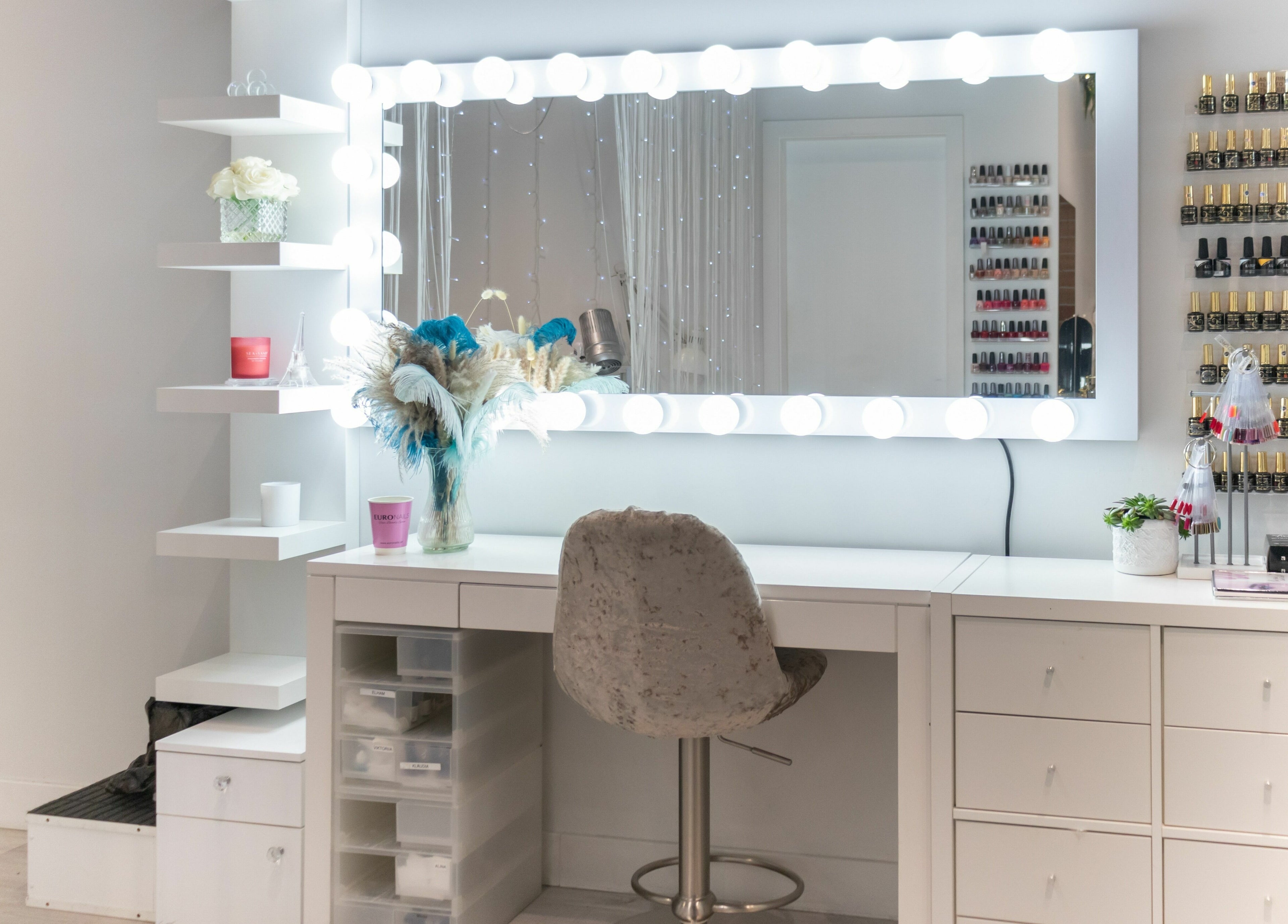 Elegant makeup station at Euronails | New Westminster, featuring a lit mirror in New Westminster, British Columbia, CA.
