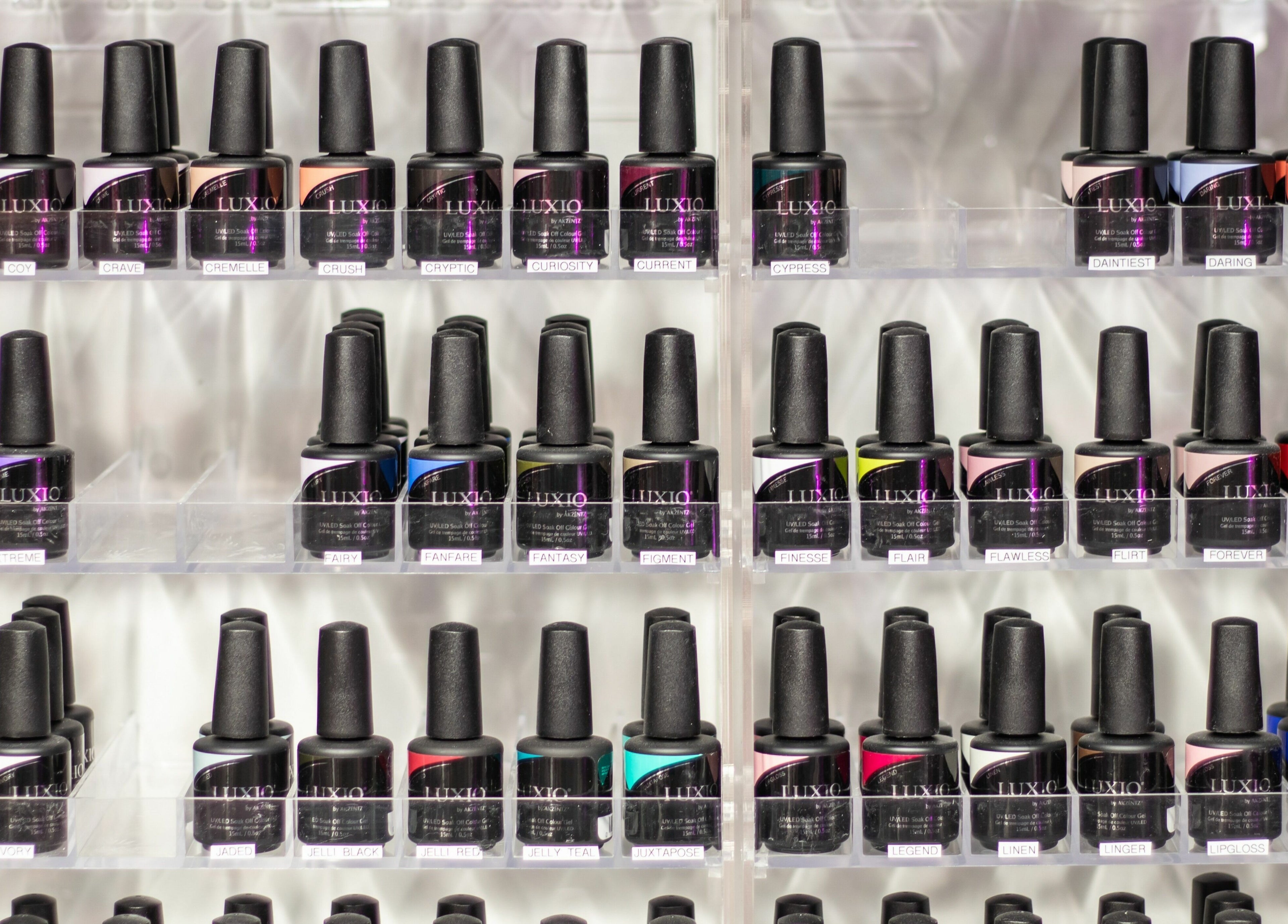 Display of colorful nail polishes at Euronails | New Westminster, New Westminster, British Columbia, CA.