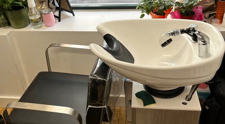 Professional salon wash station at Blowout Boulevard, New York, New York, US featuring plants and sleek design.