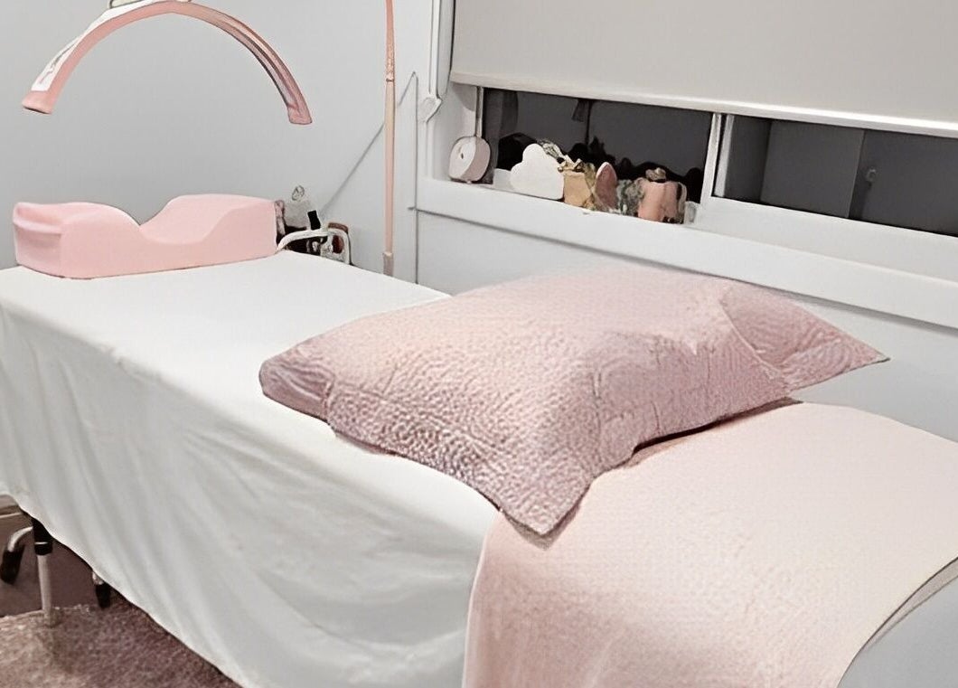 Luxurious treatment room at Fairytale Lashes in Onkaparinga Heights, South Australia, AU with soft pink decor.