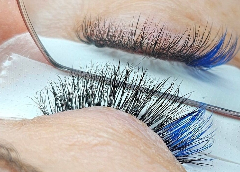 Close-up of colorful eyelash extensions at Fairytale Lashes, Onkaparinga Heights, South Australia, AU.