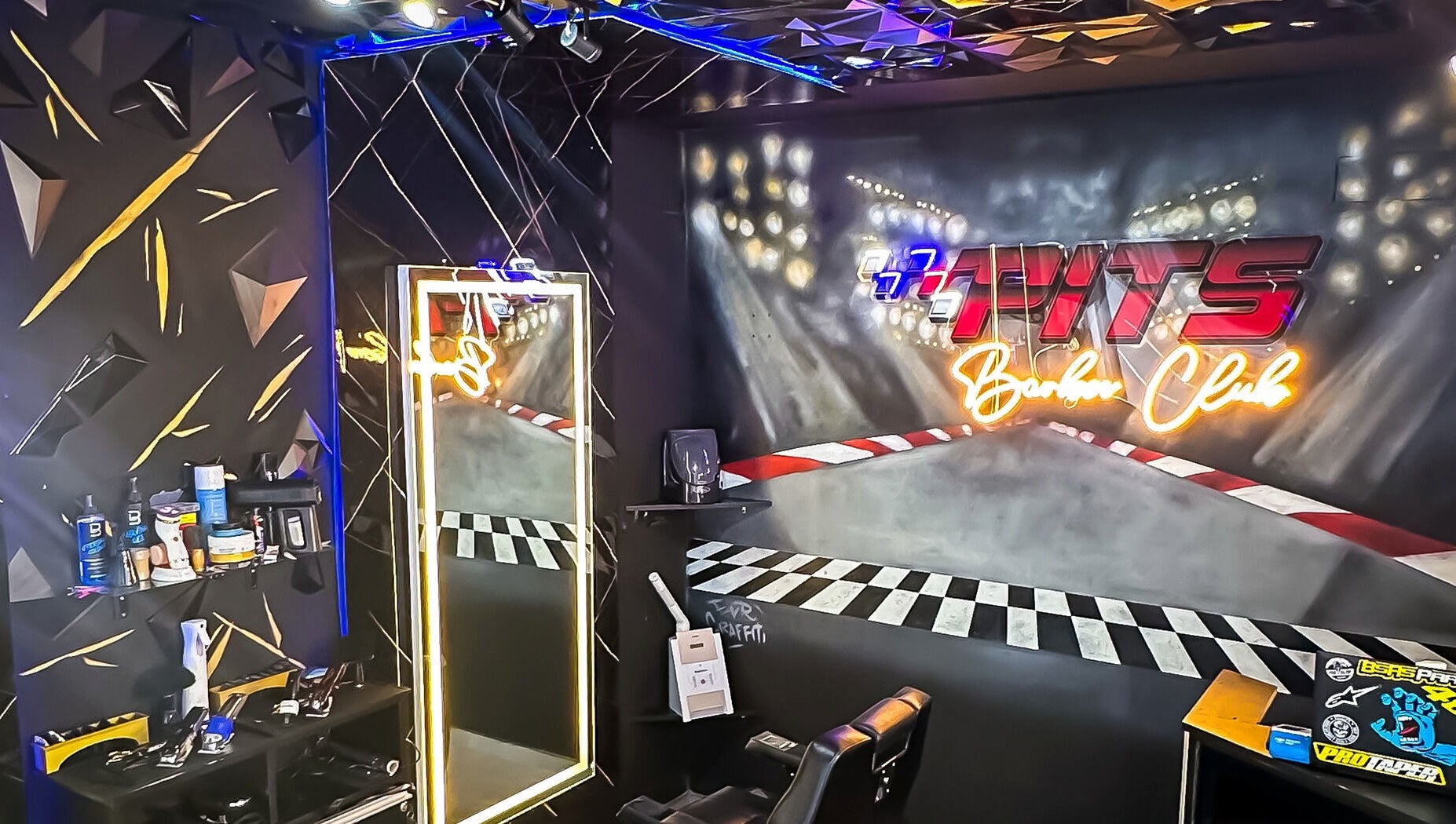 Chic interior of Pits Barber Club in Buenos Aires showcasing modern decor and grooming essentials.