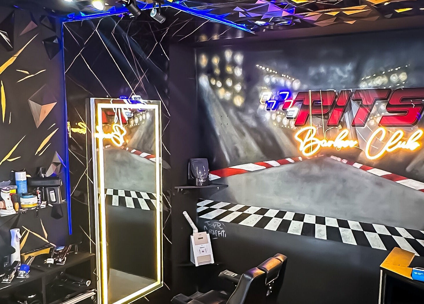 Chic interior of Pits Barber Club in Buenos Aires showcasing modern decor and grooming essentials.