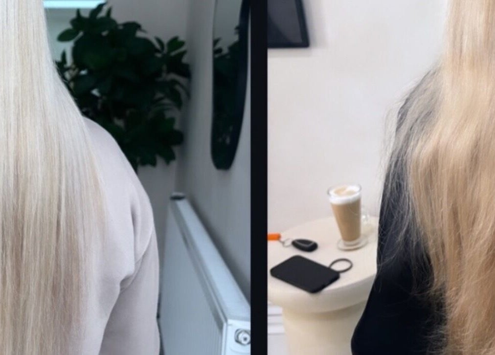 Before and after hair treatment at HairbyKeiraMae, Southampton, England, GB, showing shiny blonde locks.