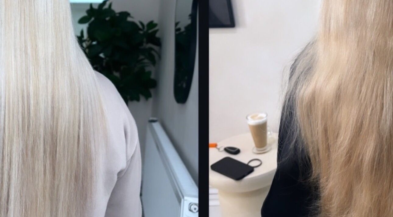 Before and after hair treatment at HairbyKeiraMae, Southampton, England, GB, showing shiny blonde locks.