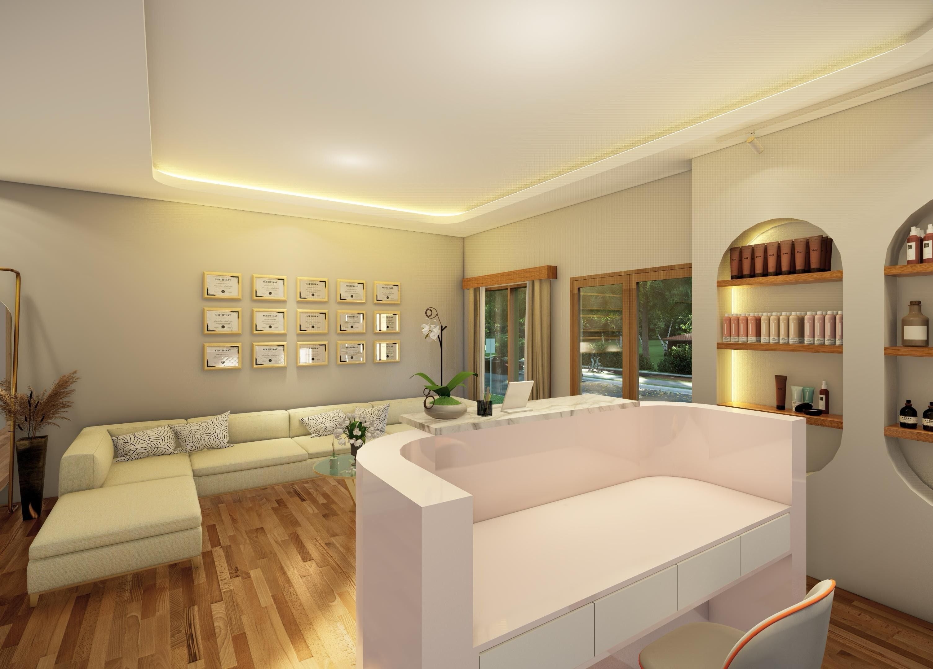 Luxurious reception area at NSB Beauty Studio Batubulan, Bali, Bali, ID with cozy seating and product displays.