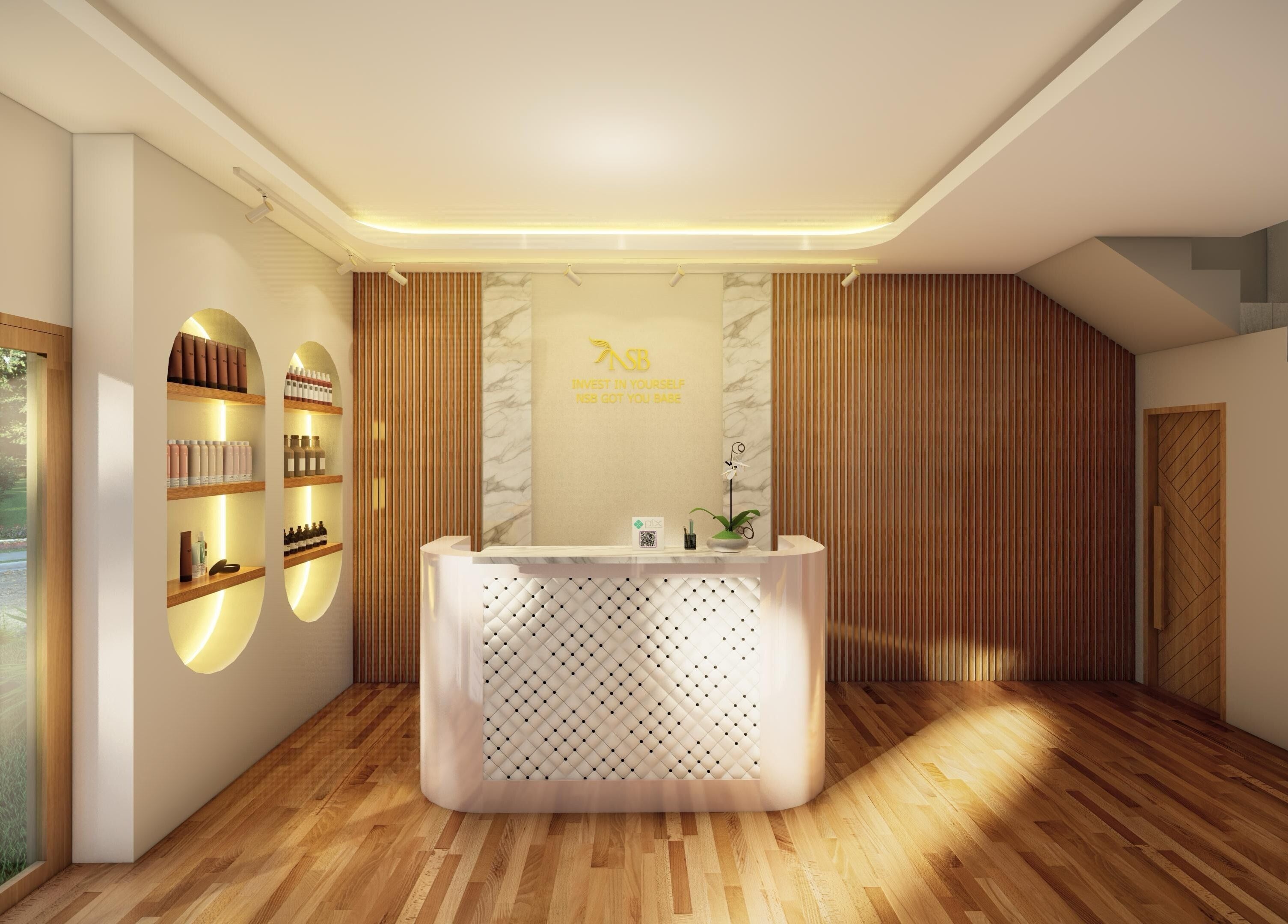 Welcoming reception area of NSB Beauty Studio Batubulan, Bali, Bali, ID, showcasing modern decor and warm lighting.
