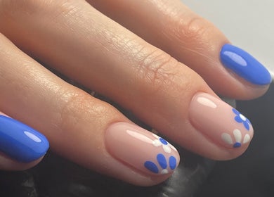 Blue floral nail art by BySammieJo in Rainham, England, GB, showcasing detailed design.