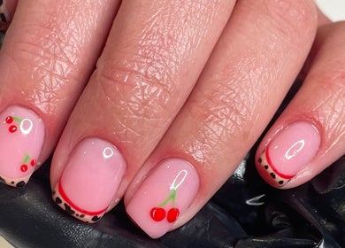 Cherry-themed nail art manicure at BySammieJo, Rainham, England, GB, showcasing creative and colorful designs.
