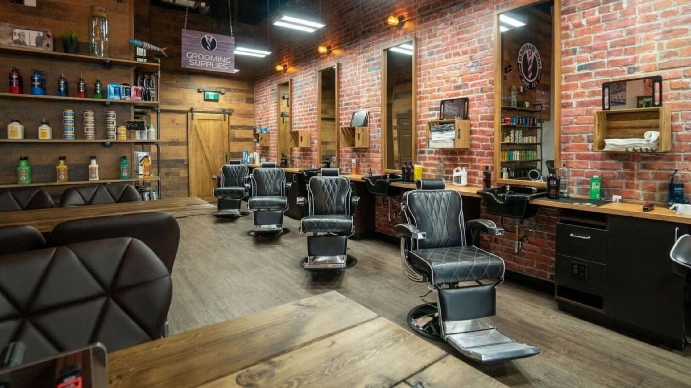 Sleek barber chairs at Mr. Barber Sherwoodpark, Sherwood Park, Alberta, CA, exuding a modern grooming vibe.