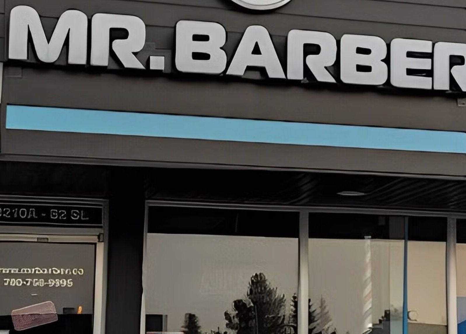 Mr. Barber Hamptons storefront in Edmonton, Alberta, CA, showcasing the modern exterior signage.