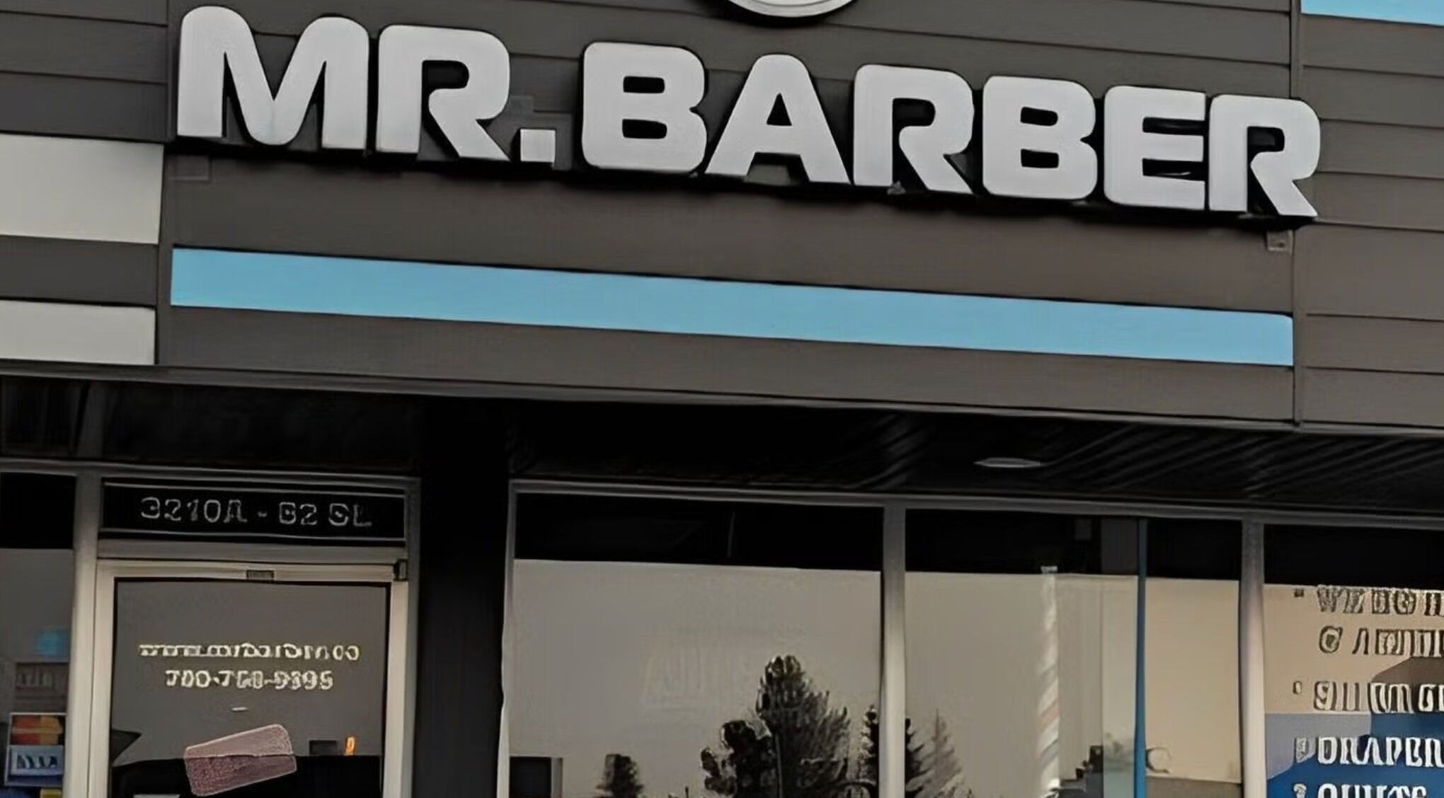 Mr. Barber Hamptons storefront in Edmonton, Alberta, CA, showcasing the modern exterior signage.