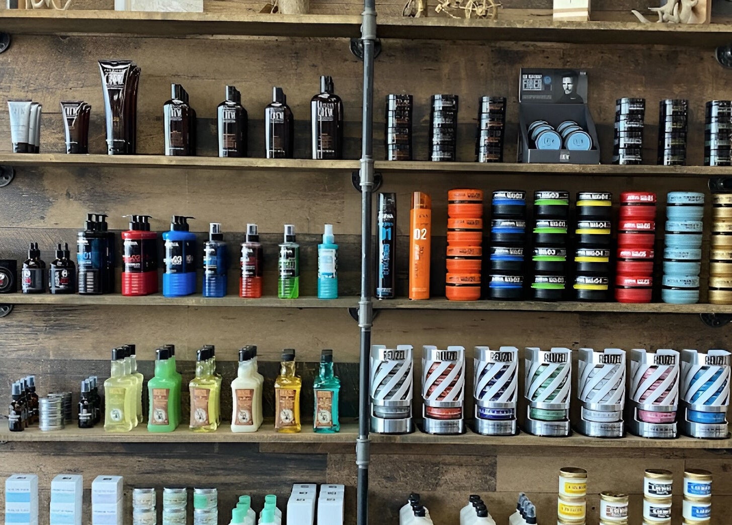 Grooming products displayed at Mr. Barber Unity Square in Edmonton, Alberta, CA. Extensive variety available.
