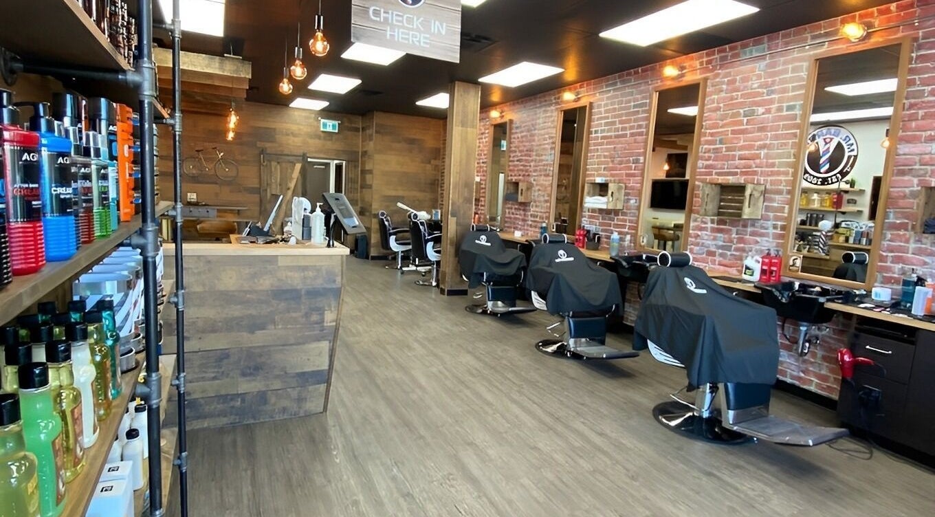 Modern interior of Mr. Barber Fort Saskatchewan, Alberta, CA with sleek chairs and vibrant products.