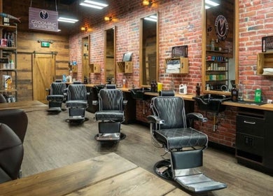 Interior of Mr. Barber Fort Saskatchewan featuring stylish barber chairs and grooming supplies. Fort Saskatchewan, Alberta, CA.