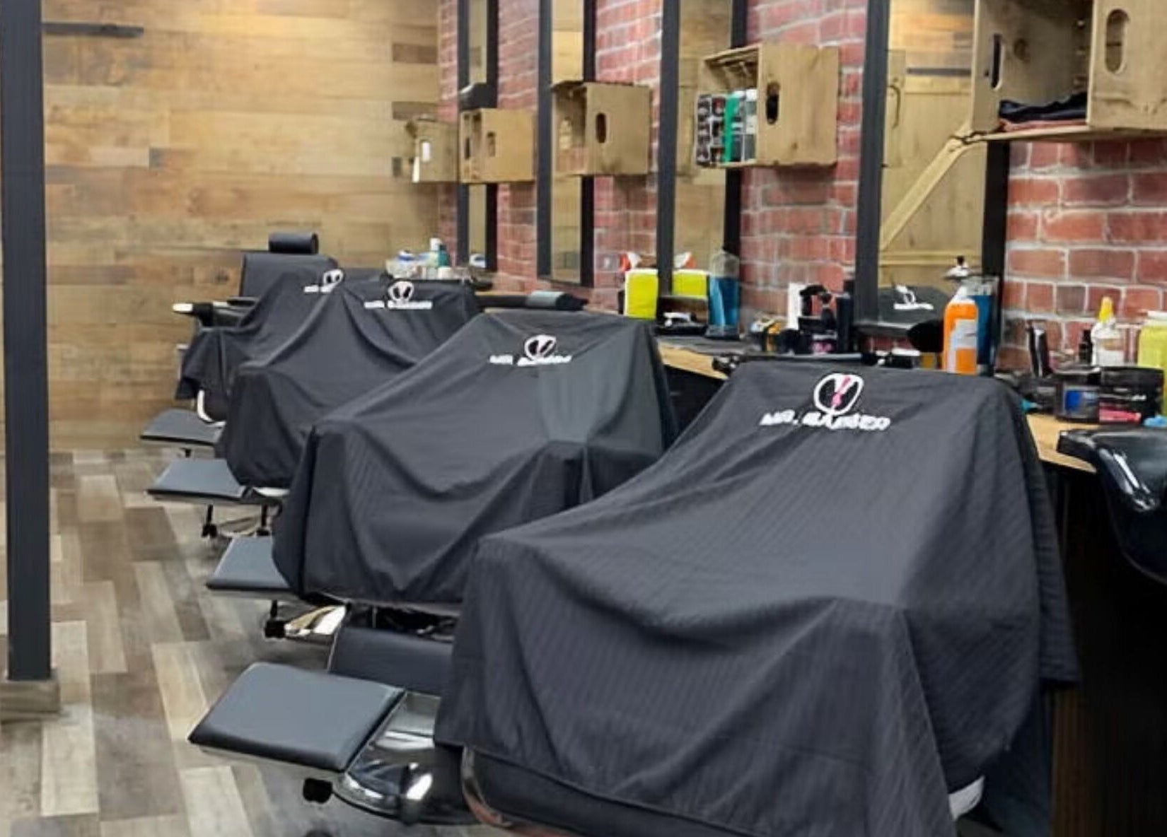 Stylish interior of Mr. Barber Fort Saskatchewan, located in Fort Saskatchewan, Alberta, CA with modern barber chairs.