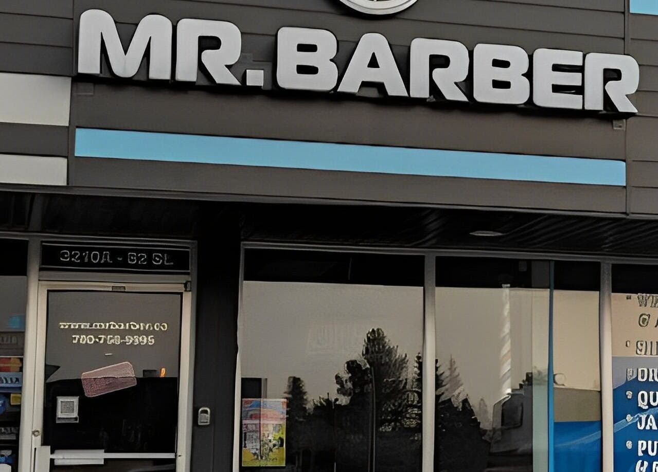 Front entrance of Mr. Barber - Millwoods Tipaskan, Edmonton, Alberta, CA, showcasing the modern exterior design.