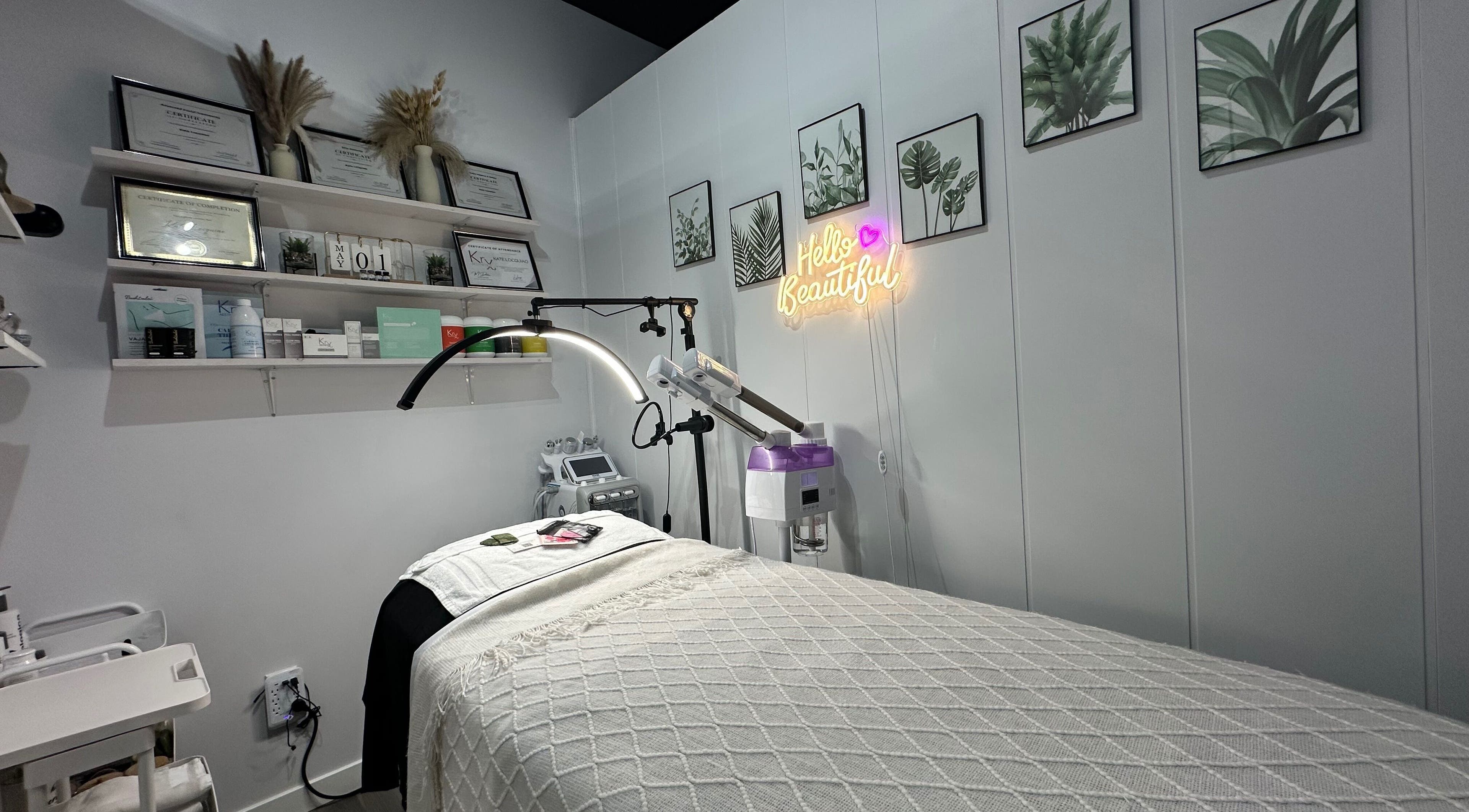 Tranquil treatment room at Glowing Beauty Spa, Courtenay, British Columbia, CA with elegant decor and equipment.