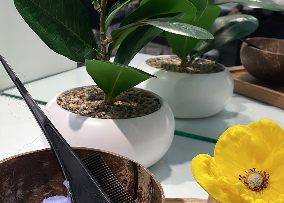 Lush decor with green plants and yellow flower at Luna Noor Salon, Riyadh, Riyadh Province, SA.